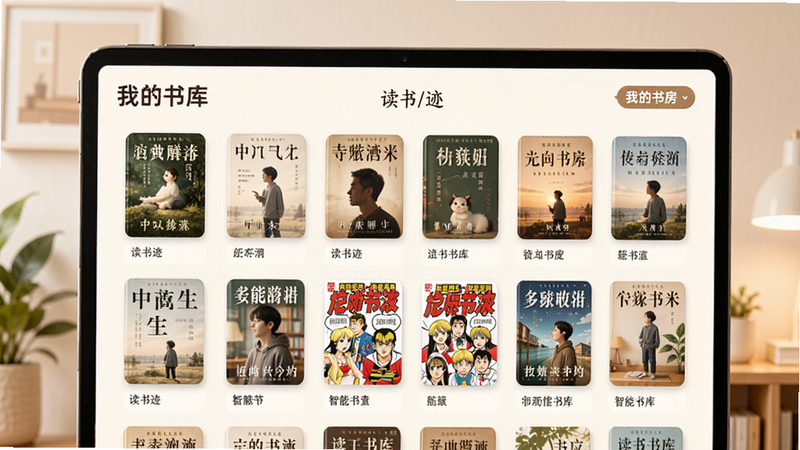 主体为“读书迹”智能书库界面,布局为网格状书籍封面展示,排版清晰,风格为温馨居家风,细节包含各种类型的书籍封面如小说和漫画,画质细腻,干净背景,文字标签为“我的书房”