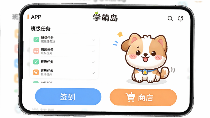 一张展示“学萌岛”APP界面的全景图,画面中央是清爽的白色背景,左侧显示“班级任务”列表,右侧是可爱的卡通宠物形象,底部有“签到”和“商店”两个大按钮,整体风格清新简约,高清,无多余元素