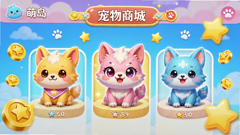 “学萌岛”APP内的“宠物商城”界面,展示着几种不同颜色的可爱虚拟宠物,周围环绕着金币和星星元素,画面明亮,色彩鲜艳,细节丰富,高清