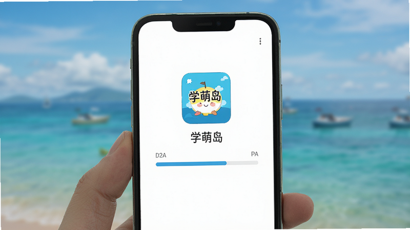 “学萌岛”APP在安卓手机上的运行状态图,显示手机屏幕中APP正在加载数据,进度条清晰可见,背景模糊处理,突出APP主体,高清,真实感