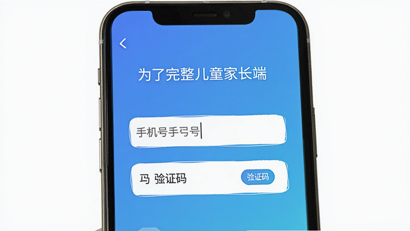 “为了完整儿童家长端”APP的登录界面,显示手机号输入框和验证码按钮,背景为蓝色渐变,界面简洁现代,无多余装饰,高清无噪点