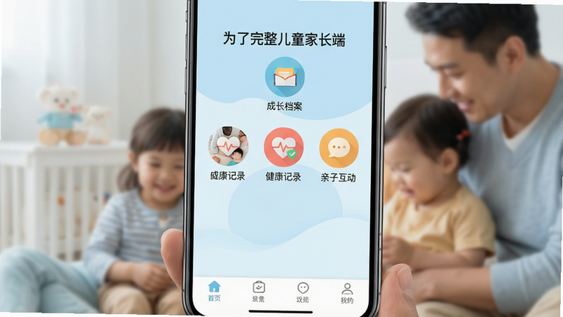 一张展示“为了完整儿童家长端”APP主界面的高清手机屏幕截图,背景为柔和的浅蓝色亲子场景,界面中央显示“成长档案”、“健康记录”、“亲子互动”三个主要功能入口图标,图标风格扁平化且色彩温馨,底部有导航栏,整体布局清晰整洁,无多余装饰元素,画质清晰