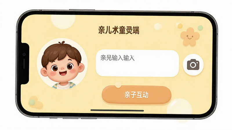 “为了完整儿童家长端”APP的“亲子互动”页面,显示一个可爱的卡通孩子头像,旁边是文字输入框和相机图标,背景为淡黄色,界面温馨,按钮圆润,整体风格可爱亲切,高分辨率,无杂乱背景