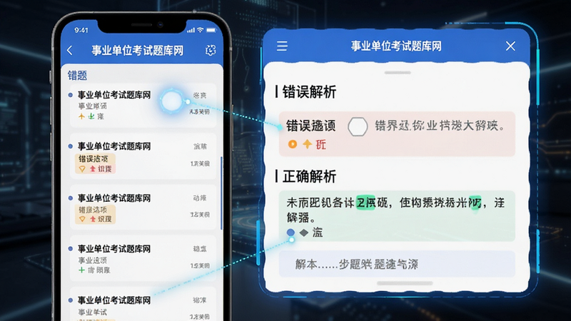 手机界面展示“事业单位考试题库网”的错题本功能,界面左侧是错题列表,右侧是详细解析弹窗,高亮显示错误选项和正确解析,视觉重点突出,科技感UI设计,清晰直观,无杂乱元素