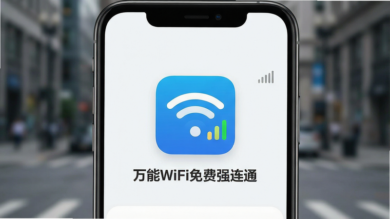 一张高清手机屏幕特写,主体显示“万能WiFi免费强连通”应用界面,背景为模糊的城市街道,布局居中,排版简洁,风格现代科技感,细节展示信号强度图标,画质清晰,干净,无多余元素