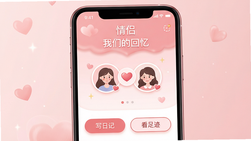 手机界面展示,主体为“情侣日记”App首页,布局清晰,顶部显示“我们的回忆”标题,中间是两个头像和爱心图标,底部有“写日记”、“看足迹”按钮,风格温馨浪漫,粉色调,细节精致,画质高清,干净无多余元素