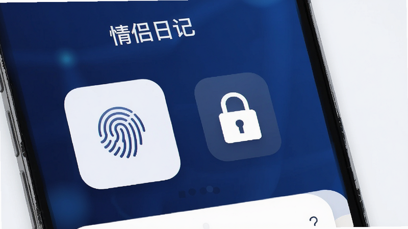 “情侣日记”App隐私设置页面,展示指纹识别图标和锁头符号,背景为深蓝色渐变,突出安全与隐私,排版简洁,文字清晰,风格现代简约,细节丰富,画质高清,无多余装饰