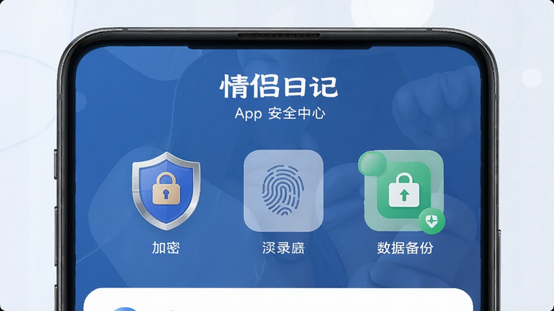 “情侣日记”App安全中心界面,展示加密盾牌、指纹登录、数据备份图标,风格专业可信,细节丰富,画质清晰,干净背景,无干扰元素