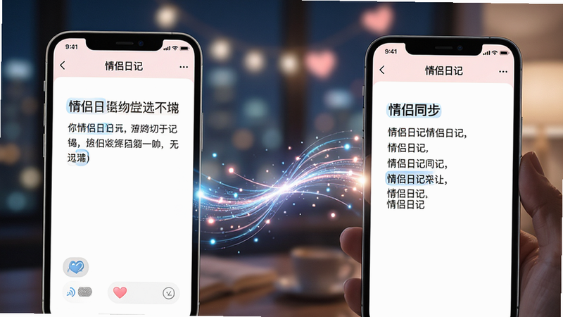 两台手机屏幕并排显示“情侣日记”界面,左侧手机输入文字,右侧手机同步显示,中间有流光特效连接,背景虚化,突出同步功能,风格科技感与浪漫感结合,细节清晰,画质优秀,无杂乱元素