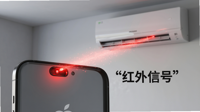 一部手机背部特写,顶部红外发射口发出可见的红色光束,光束投射向远处的一台挂式空调。布局为透视构图,排版聚焦于光束路径,风格写实科技风,细节处展示光束的粒子效果,画质高保真,干净,无多余元素,文字“红外信号”加引号显示在光束旁。