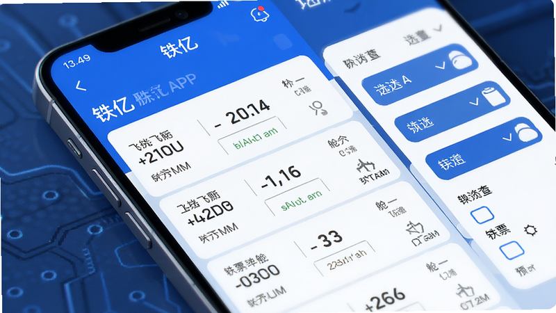 展示铁亿APP内的机票预订界面,屏幕中央显示航班列表,包含起飞时间、价格及舱位信息,右侧为筛选选项,布局紧凑有序,排版清晰,风格现代科技感,蓝色背景,细节精致,画质超清,干净,无多余元素