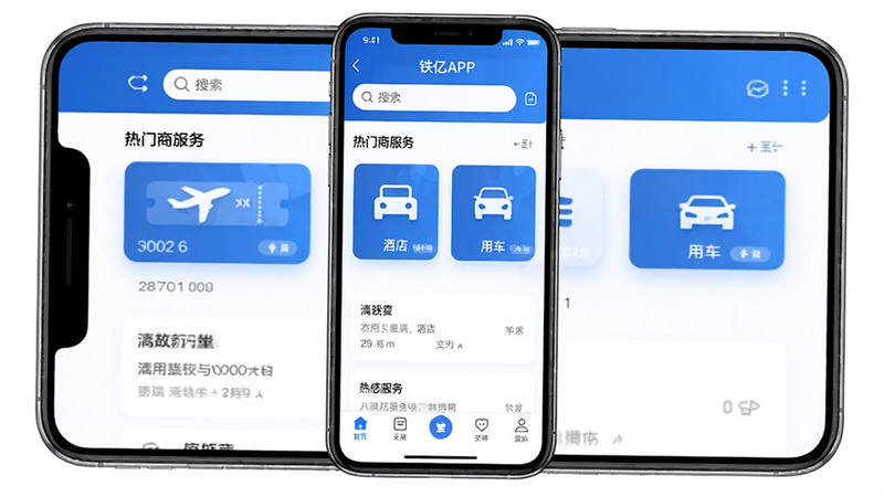 软件界面全景展示,主体为铁亿APP首页,布局清晰,顶部显示搜索栏,中部展示热门商旅服务图标如机票、酒店、用车,底部为导航栏,风格简约商务,蓝色主色调,细节清晰,画质高清,干净,无多余元素