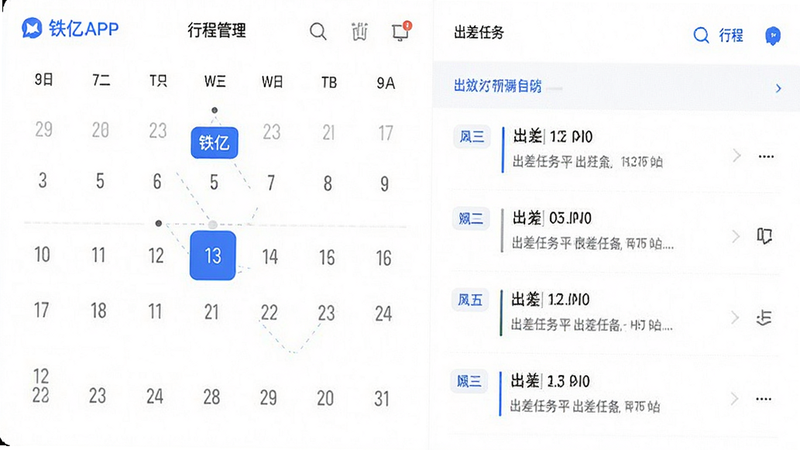 铁亿APP的行程管理页面,主体为日历视图与行程列表结合,显示不同日期的出差任务,布局左右分栏,左侧日期右侧详情,排版整齐,风格极简主义,白色背景搭配蓝色点缀,细节丰富,画质细腻,干净,无多余元素