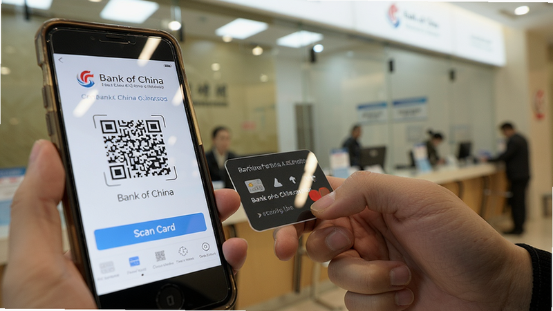 ����Ϊ�ֳ������ֻ�����ɨ�����п���ά��Ĳ�������������Ϊǰ���ֻ���Ļ��ʾBank of Chinaɨ����棬�����黯չʾ�������㻷�����Ű�۽�����Ļ�������򣬷��Ϊдʵ��Ӱ�磬ϸ��չʾ��ָ���ն�������Ļ���⣬���ְ�����Scan Card�������ʸ��壬�ɾ�������������