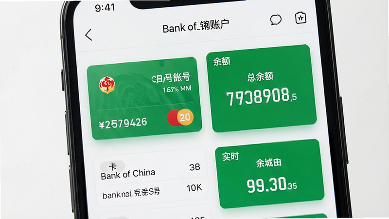 ����Ϊ�ֻ���Ļ��д����ʾBank of China APP�ڵġ��ҵ��˻���ҳ�棬�������Ϊ�����б��Ҳ�Ϊʵʱ���Ű����ҷ����ṹ�����Ϊ��������磬ϸ��չʾ��ɫ��Ƭ���������壬���ְ���������������������������ɾ��������޸���Ԫ��
