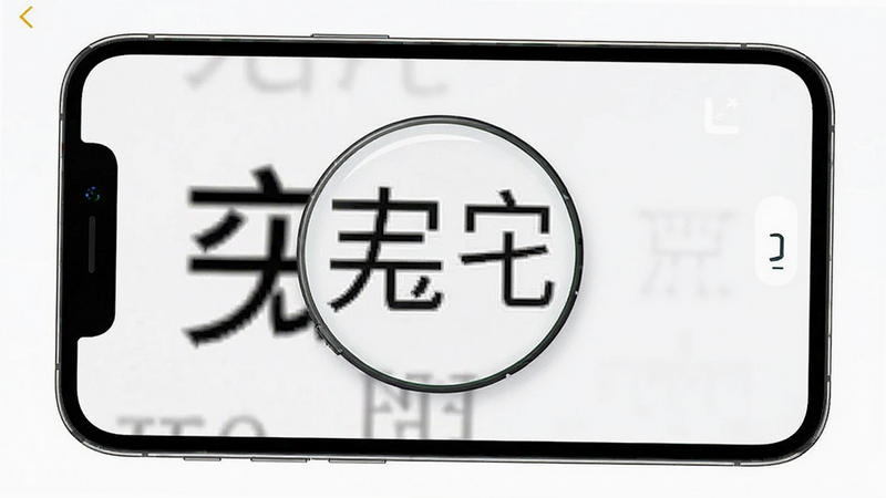 主体为“免费放大镜手机字体”APP的手机界面截图,布局清晰,显示放大后的文字细节,排版整齐,风格简约科技风,细节展现高清文字对比,画质干净,无多余元素