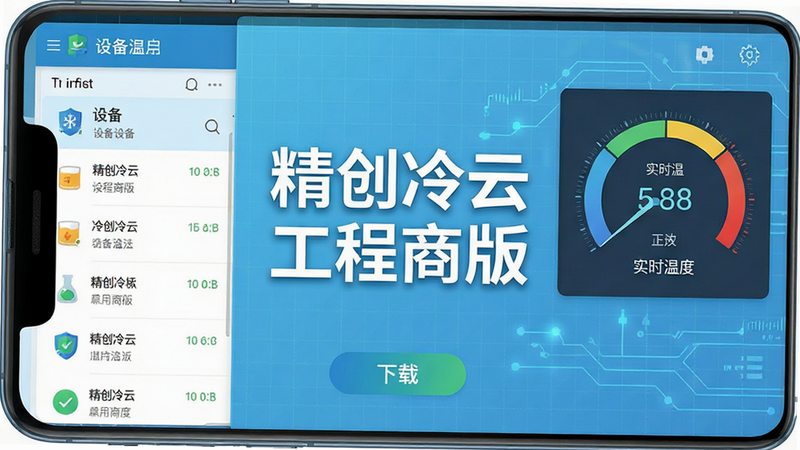 一张高清扁平化风格UI界面预览图,主体为“精创冷云工程商版”安卓应用首页,左侧为设备列表,右侧为实时温度仪表盘,背景为浅蓝色科技网格,中央显示大号文字“精创冷云工程商版”,底部有“下载”按钮,色彩清新,细节清晰,4k高清,无多余元素