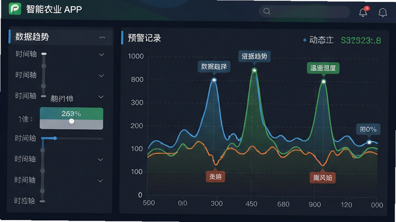 主体为智慧农业APP数据可视化界面截图,布局展示左侧为时间轴选择器,右侧为动态变化的温湿度曲线图,排版紧凑有序,风格为扁平化设计,细节突出数据峰值与谷值标记,画质清晰,干净,文字“数据趋势”“预警记录”醒目