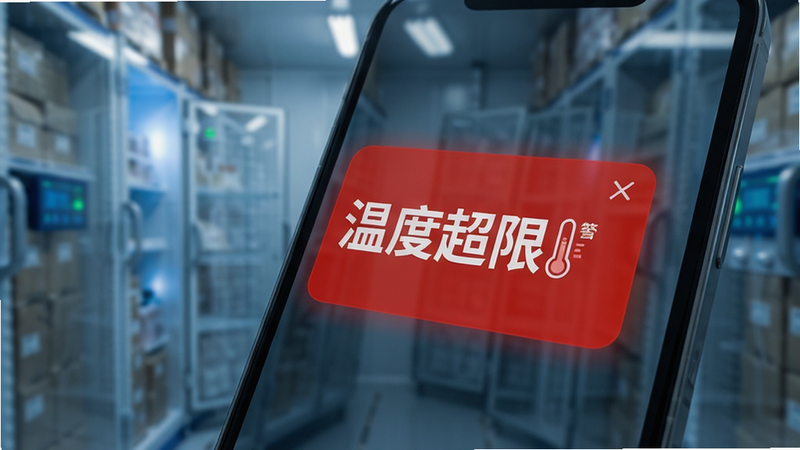 手机屏幕特写,显示红色紧急报警弹窗,大字“温度超限”,背景为模糊的冷库场景,突出紧急与实时监控,科技感强,光影效果细腻,高分辨率