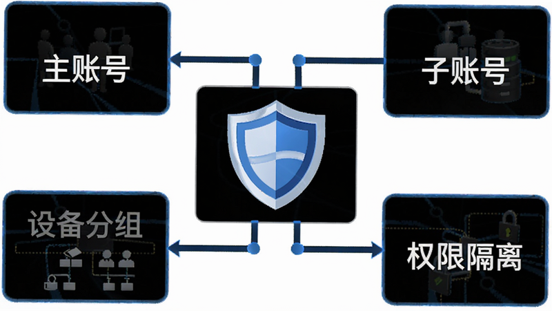 信息图表风格,中心为盾牌图标,周围环绕“主账号”、“子账号”、“设备分组”、“权限隔离”四个模块,连线清晰,背景白色,文字清晰可读,体现层级关系,简洁专业