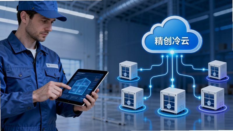 概念图,左侧为工程师手持平板操作,右侧为多个冷库图标通过线条连接到云端,云端图标标注“精创冷云”,象征远程集中管理,风格现代,色彩明亮,体现科技感与便捷性