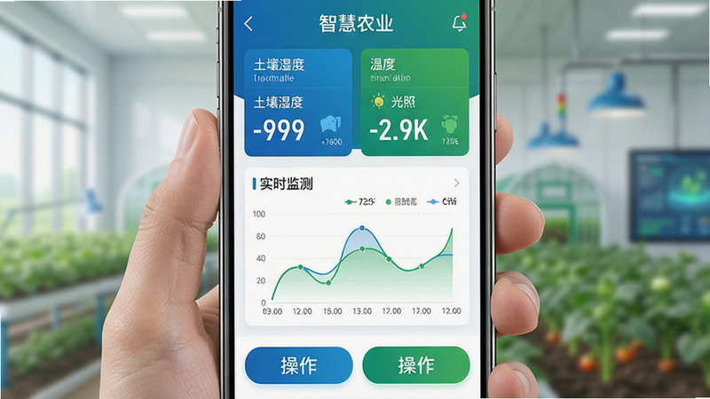 主体为手机屏幕展示智慧农业APP界面,布局清晰分为顶部数据概览、中部实时监测图表、底部操作按钮,排版简洁现代,风格为科技蓝与生态绿结合,细节显示土壤湿度、温度、光照等实时数值,画质高清,干净无多余元素,文字“智慧农业”清晰可见