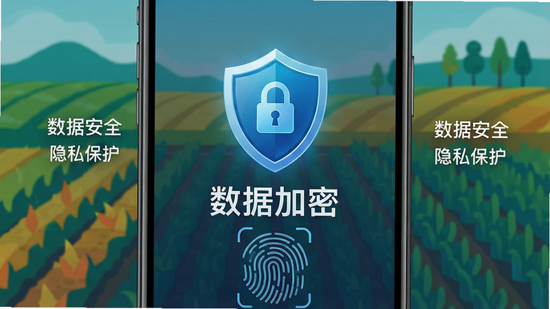 主体为手机安全锁屏界面,背景为农田抽象图案,布局中心为盾形图标与“数据加密”文字,排版对称,风格为科技感与安全感的结合,细节显示指纹识别图案,画质高清,干净,文字“数据安全”“隐私保护”
