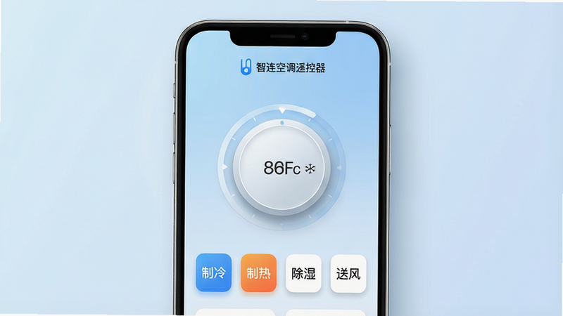 һ�Ÿ����ֻ�Ӧ�ý���չʾͼ������Ϊ�������յ�ң������App������Ļ������������������ʾƷ��Logo���в�ΪԲ���¶ȵ��ڴ���ť���·����С����䡯�������ȡ�������ʪ�������ͷ硯�ȹ��ܰ�ť������Ϊ��͵�ǳ��ɫ���䣬���ֿƼ������ʸУ�����Լ�ִ���ϸ�ڴ�����΢����ӰЧ����������У����ʳ��壬�ɾ��޶���Ԫ�أ����������ɼ�