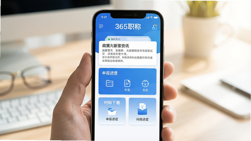 一张展示手机屏幕的写实风格图片,屏幕中央显示“365职称”APP的主界面,背景为柔和的办公桌面,光线明亮,界面包含政策资讯、申报进度、材料下载等核心模块,色彩以蓝色和白色为主,体现专业与科技感,高清,无水印,4k分辨率