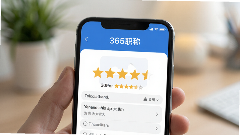 手机屏幕显示“365职称”APP的用户评价页面,五星好评图标,背景柔和,体现用户满意度,写实风格,清晰度高,无杂乱元素