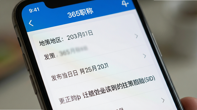手机界面特写,显示“365职称”APP内的政策列表页面,列表项包含地区、发布日期和标题,背景虚化,突出屏幕内容,色彩清晰,排版整齐,高保真,真实感