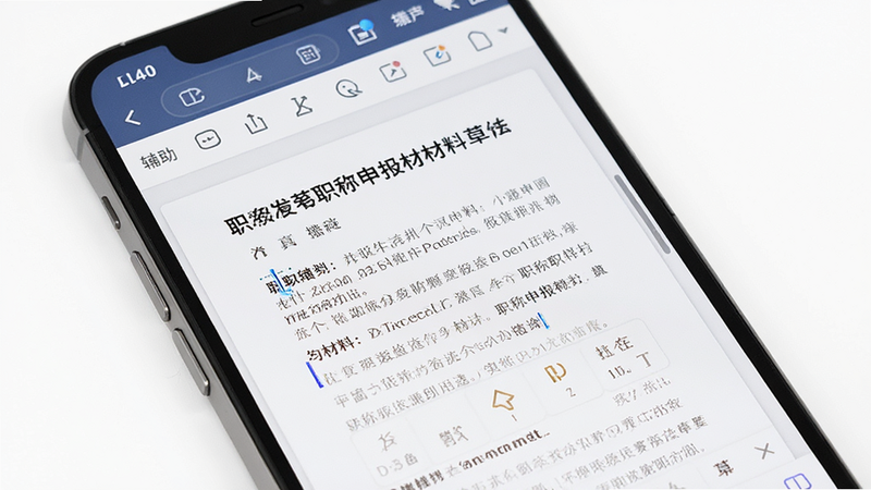 展示文档编辑界面的手机屏幕,屏幕上显示正在生成的职称申报材料草稿,光标闪烁,周围有辅助工具栏,背景为干净的白色,风格简洁现代,细节清晰,高分辨率