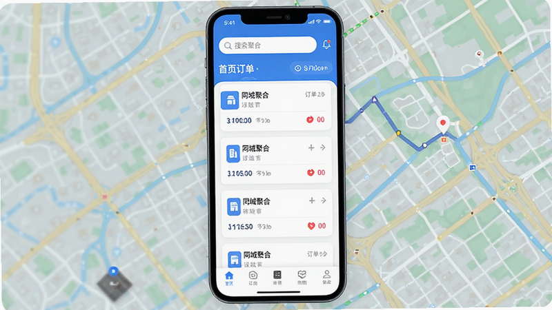 主体为同城聚合APP界面,布局清晰展示首页订单列表与地图导航,排版采用扁平化设计,风格现代简洁,细节包含蓝色主色调、白色卡片式订单卡片、顶部搜索栏及底部导航栏,画质高清,干净无多余元素,文字显示