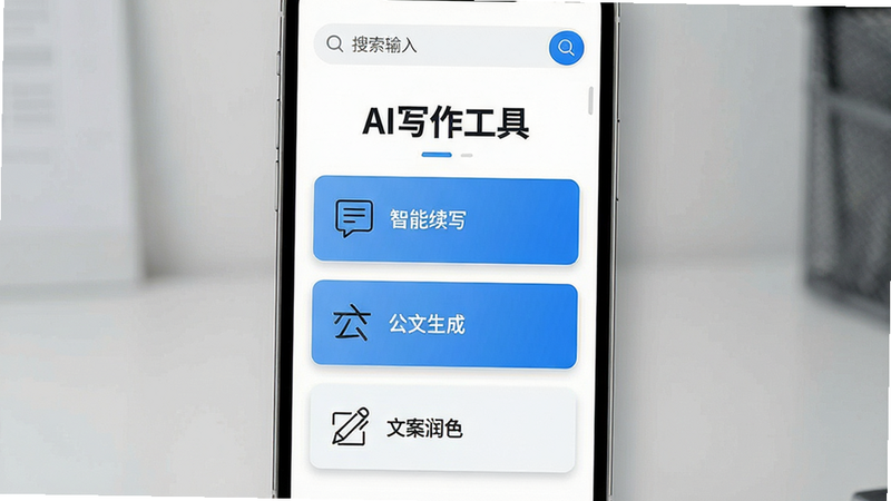 画面主体为一部竖屏放置的现代智能手机,屏幕中央清晰显示应用名称“AI写作工具”,界面采用极简白色背景搭配科技蓝点缀。布局上,上方为搜索与输入区域,中间展示三个核心功能卡片:智能续写、公文生成、文案润色,每个卡片配有简洁的线性图标。排版整齐对称,风格为扁平化UI设计,细节处包含细微的阴影效果以增强立体感,画质高清,色彩干净,无多余杂乱元素,体现专业与高效。
