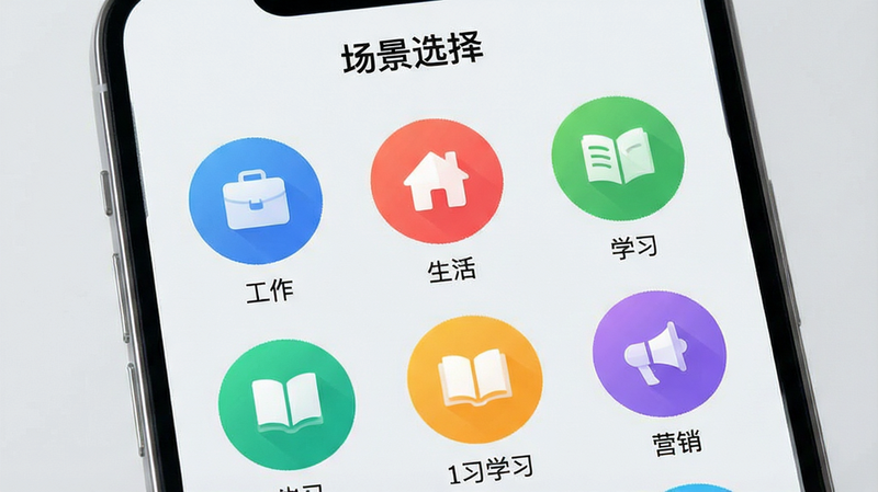 手机界面展示“场景选择”页面,背景为浅灰色。屏幕上列出多个圆形图标,分别标注“工作”、“生活”、“学习”、“营销”,图标采用扁平化设计,色彩鲜明。布局呈网格状排列,排版清晰易读。风格为现代科技风,细节包含柔和的渐变背景,画质清晰,无多余装饰,突出功能分类的便捷性。