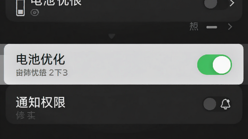 手机屏幕显示设置页面,重点高亮“电池优化”与“通知权限”选项,背景为深灰色,文字为白色,布局清晰,风格为系统设置界面模拟,细节包含开关状态的绿色高亮,画质清晰,无多余元素,强调权限设置的重要性。