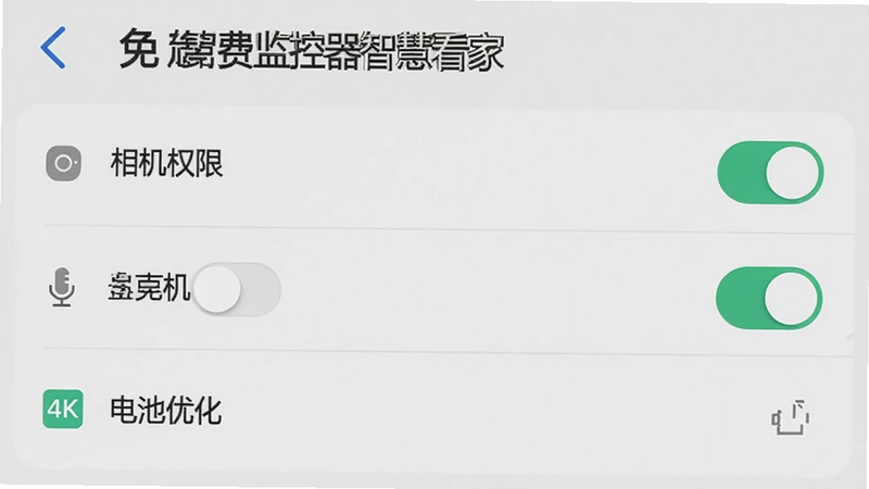 主体为手机设置界面截图,显示“免费监控器智慧看家”APP的权限管理页面,布局为列表形式,排版整齐,风格为系统原生UI风,细节包含相机权限开关、麦克风权限开关、电池优化选项,画质4K,干净,无多余元素