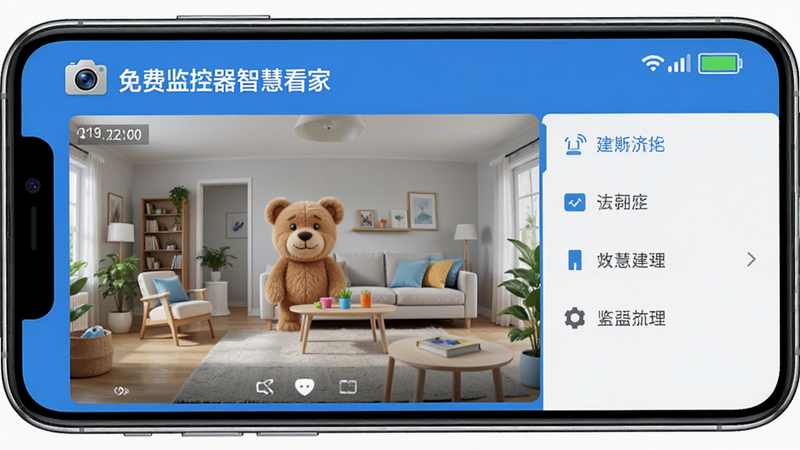 主体为一部现代智能手机,屏幕显示“免费监控器智慧看家”APP界面,布局清晰,左侧为实时视频监控画面,右侧为功能菜单,排版简洁,风格为扁平化科技风,细节包含高清摄像头图标、电池电量显示、信号强度指示,画质4K,干净,无多余元素