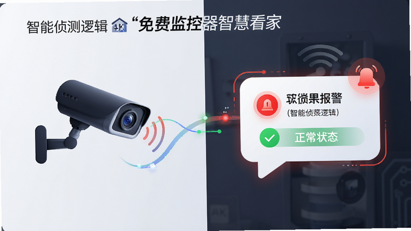 主体为数据可视化图表,展示“免费监控器智慧看家”的智能侦测逻辑,布局为左右分栏,左侧为摄像头图标,右侧为报警通知气泡,排版逻辑清晰,风格为极简科技风,细节包含红色警报高亮、绿色正常状态、数据流动线条,画质4K,干净,无多余元素