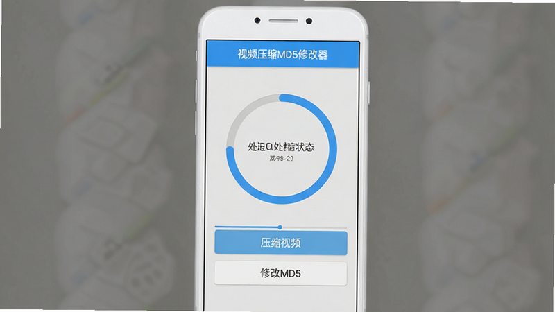 主体为白色背景的智能手机屏幕,屏幕中央显示“视频压缩MD5修改器”应用界面,界面顶部有蓝色标题栏,中间是一个大大的圆形进度条显示处理状态,下方有两个按钮“压缩视频”和“修改MD5”,背景为浅灰色,风格简洁现代,高清,无多余元素