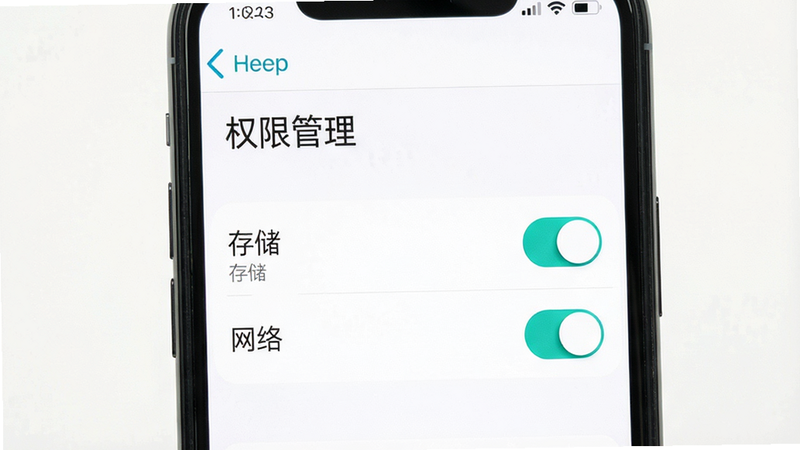 主体为手机设置界面,显示“权限管理”页面,高亮显示“存储”和“网络”权限开关,背景为白色,文字清晰,风格简洁,高清,无多余元素