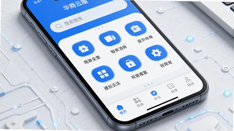 主体为手机屏幕特写,显示“华商云服”APP首页界面,布局清晰,顶部为搜索栏,中部为功能网格图标,底部为导航栏,风格简约商务,色调以蓝白为主,细节处体现现代科技感,画质高清,干净,无多余元素