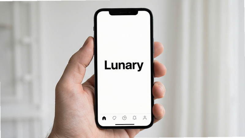 一张高保真手机屏幕截图展示 Lunary 应用界面,主体为极简风格白色背景,中心显示