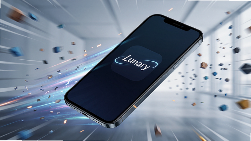 概念图展示一部智能手机快速启动 Lunary 应用的瞬间,背景有速度线特效,屏幕清晰显示