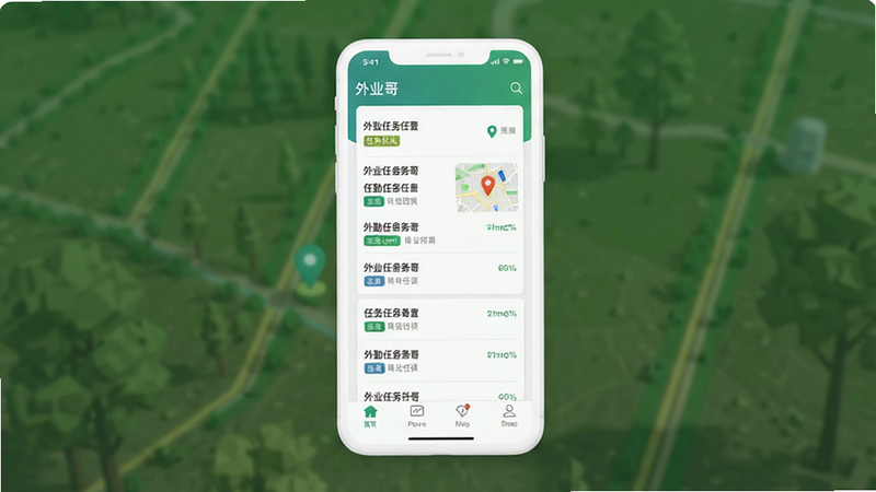外业哥手机APP界面全屏展示,主体为白色背景上的手机模型,屏幕显示外勤任务列表与地图定位图标,布局清晰简洁,排版居中,风格现代扁平化,细节包含任务状态标签与底部导航栏,画质高清,干净,无多余元素,文字“外业哥”清晰可见