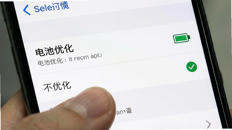 手机设置界面,显示“电池优化”选项,手指点击“不优化”按钮,布局为设置列表样式,排版整齐,风格系统原生UI,细节包含勾选标记与电量图标,画质清晰,干净,无多余元素