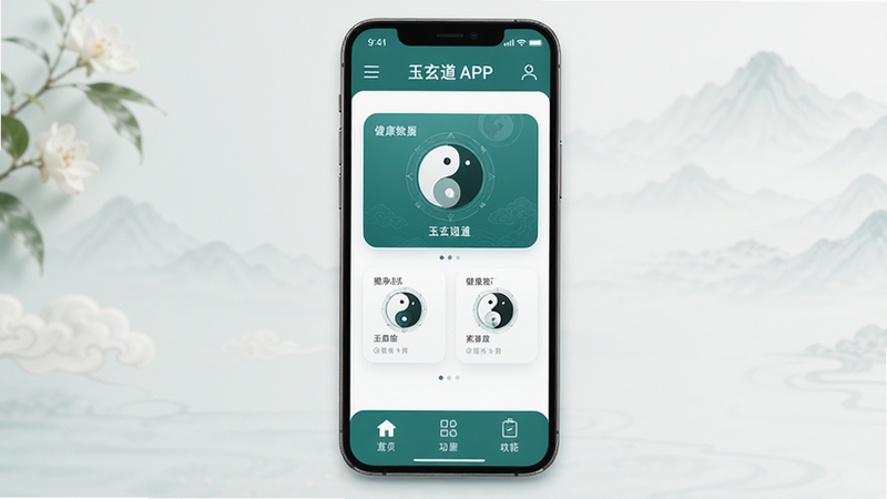主体为手机屏幕展示玉玄道APP首页界面,布局清晰分为顶部导航、中部健康数据卡片、底部功能栏,排版整齐,风格为现代简约中医风,青绿色调为主,细节处有太极阴阳鱼图标点缀,画质高清,干净,无多余元素