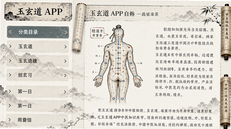 主体为玉玄道APP中医知识库页面展示,左侧为分类目录列表,右侧为详细文章内容,包含经络穴位示意图,布局左右分栏,排版清晰易读,风格为淡雅水墨风,细节处有古籍书卷元素装饰,画质清晰,干净,无多余元素