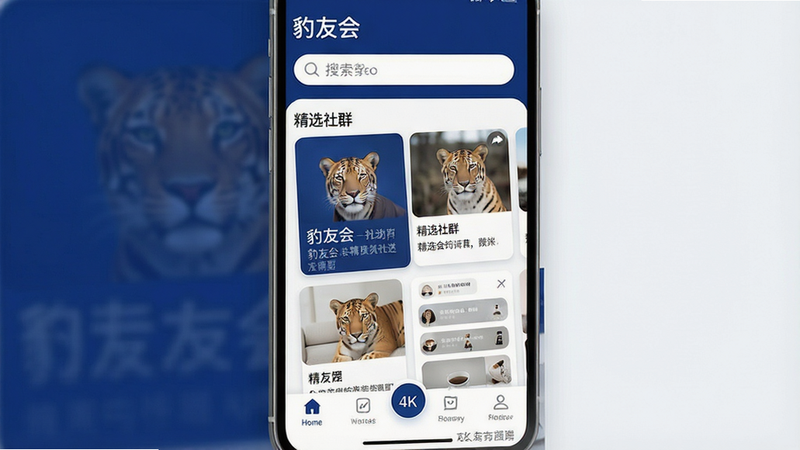 一张高清扁平化风格的应用界面预览图,主体为手机屏幕显示“豹友会”APP首页,布局清晰,顶部为搜索栏,中部为精选社群卡片,底部为导航栏,配色以深蓝与白色为主,细节精致,画质4k,干净无多余元素,文字“豹友会”清晰可见