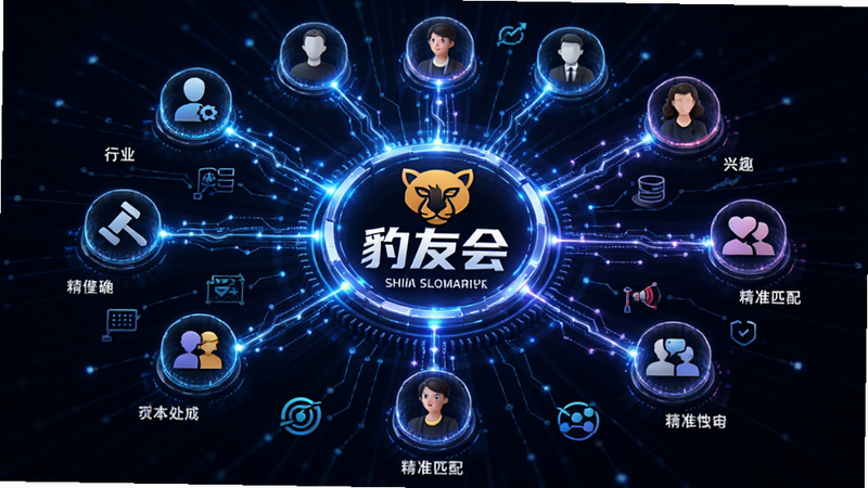 信息图表风格插画,展示数据流连接不同的人物图标,中心是一个发光的“豹友会”Logo,周围环绕着代表行业、兴趣、社交的符号,布局呈放射状,风格科技感强,细节丰富,高清渲染,文字“精准匹配”